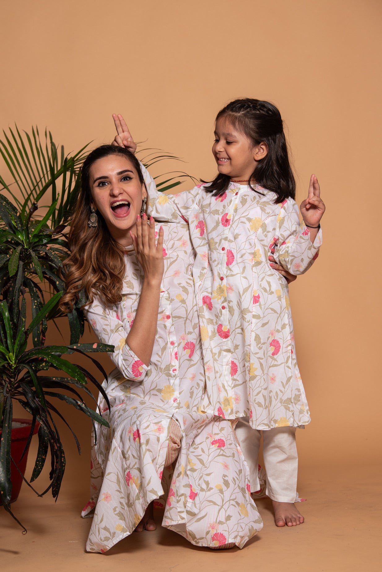 White with Pink Floral Printed Cotton Kurta