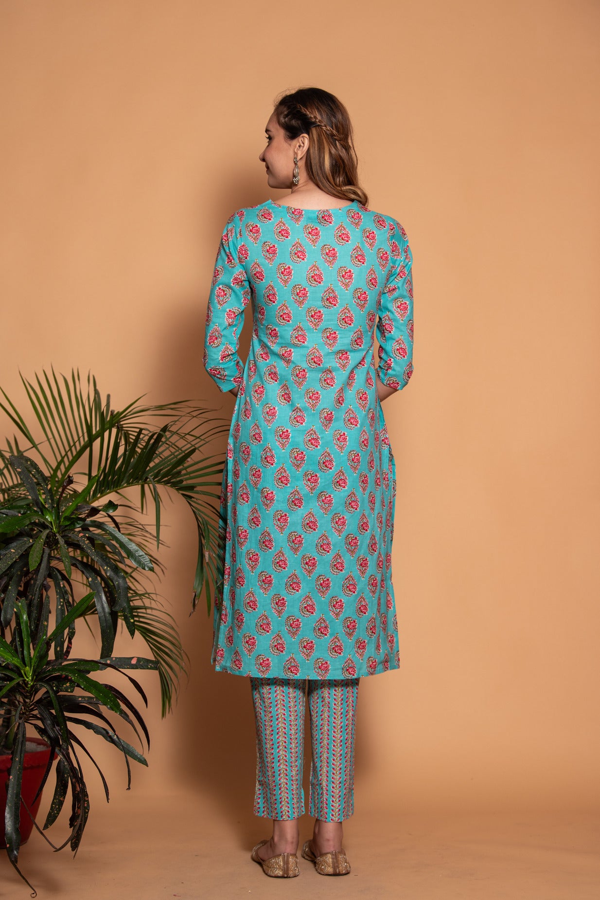 Green with Red Floral Printed Cotton Kurta Set