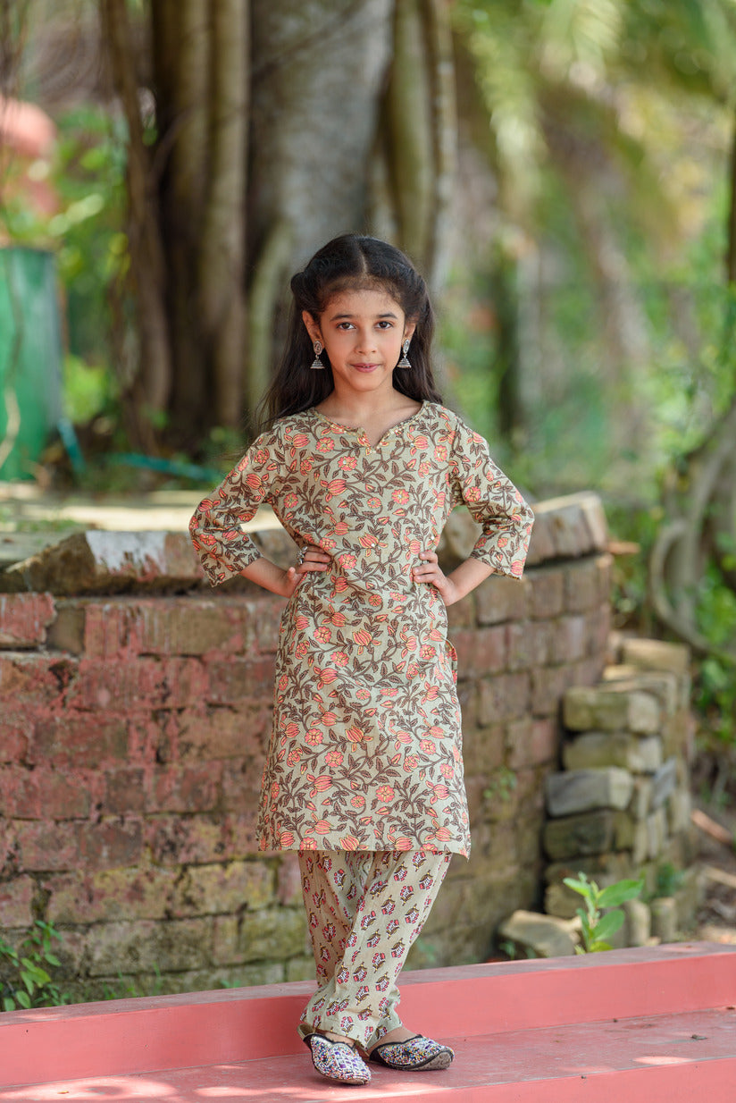 Fern Green with Mirror Work Floral Printed Cotton Girl's Kurta Set