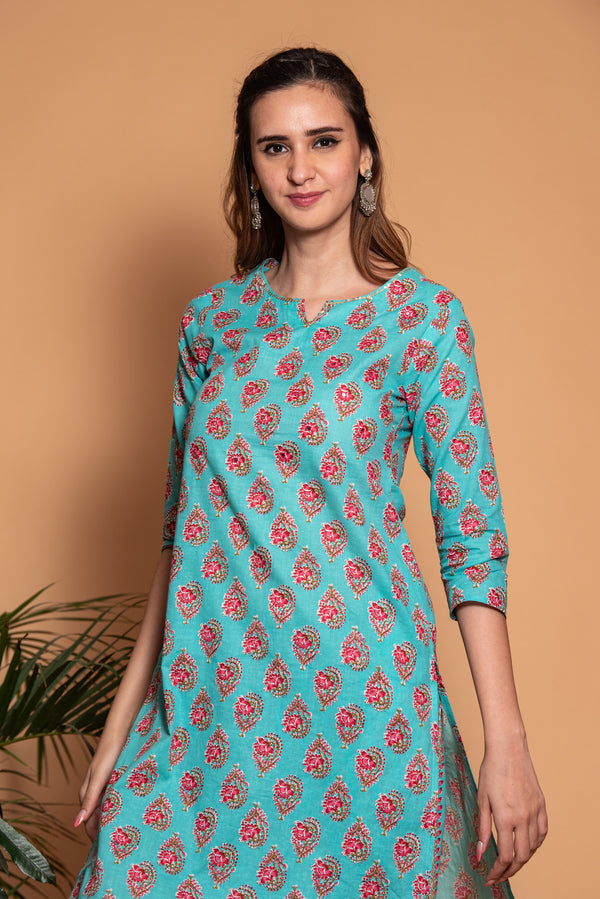 Green with Red Floral Printed Cotton Kurta Set