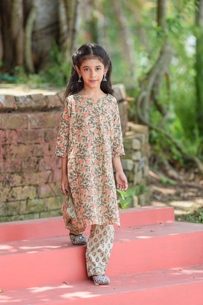 Fern Green with Mirror Work Floral Printed Cotton Girl's Kurti Set