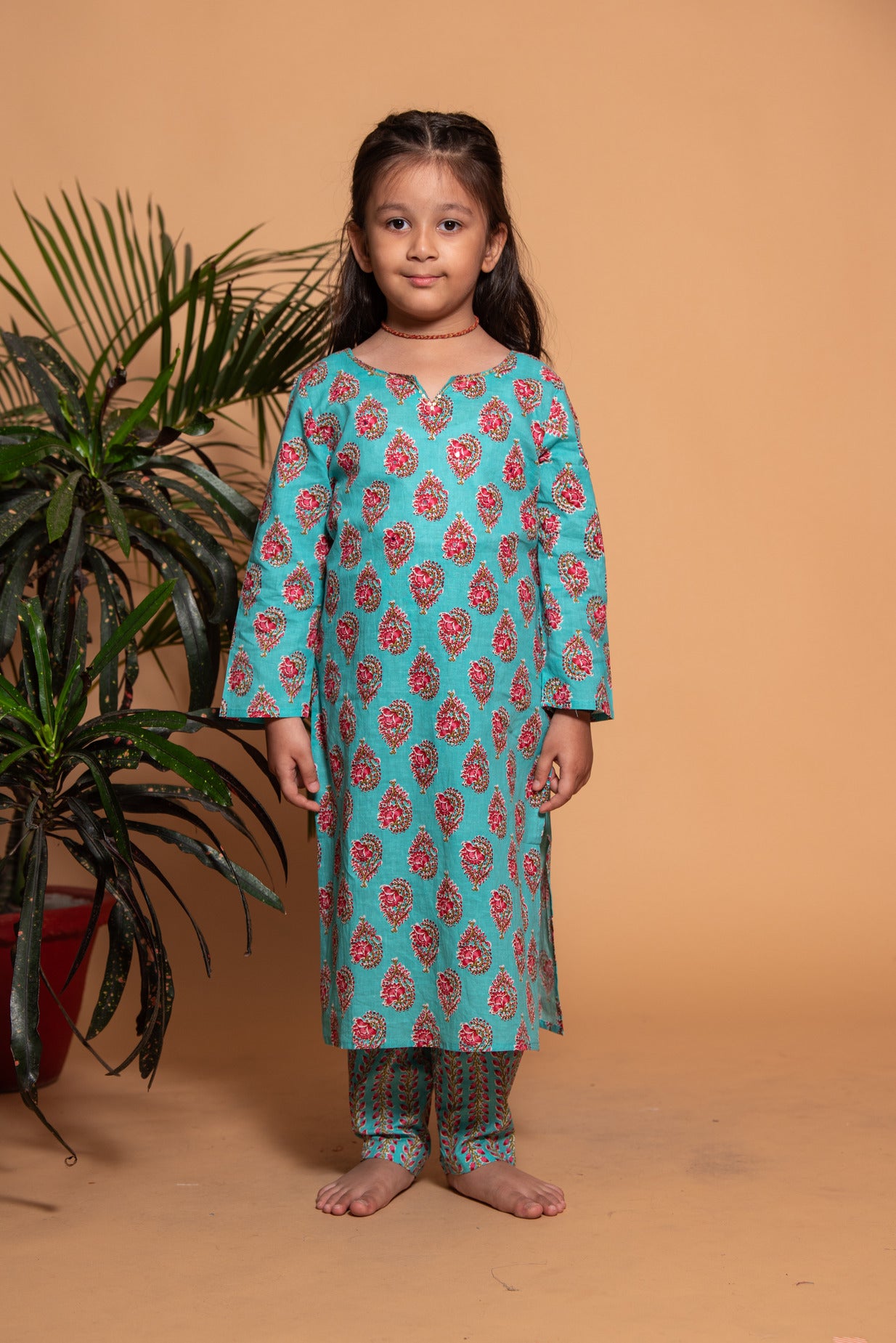 Green with Red Floral Printed Cotton Kurta Set