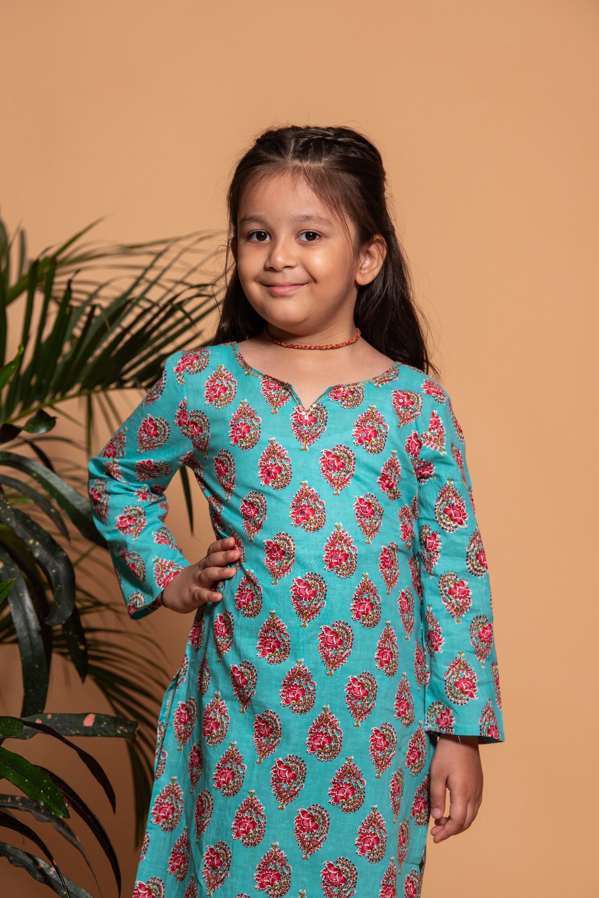 Green with Red Floral Printed Cotton Girl's Kurti Set