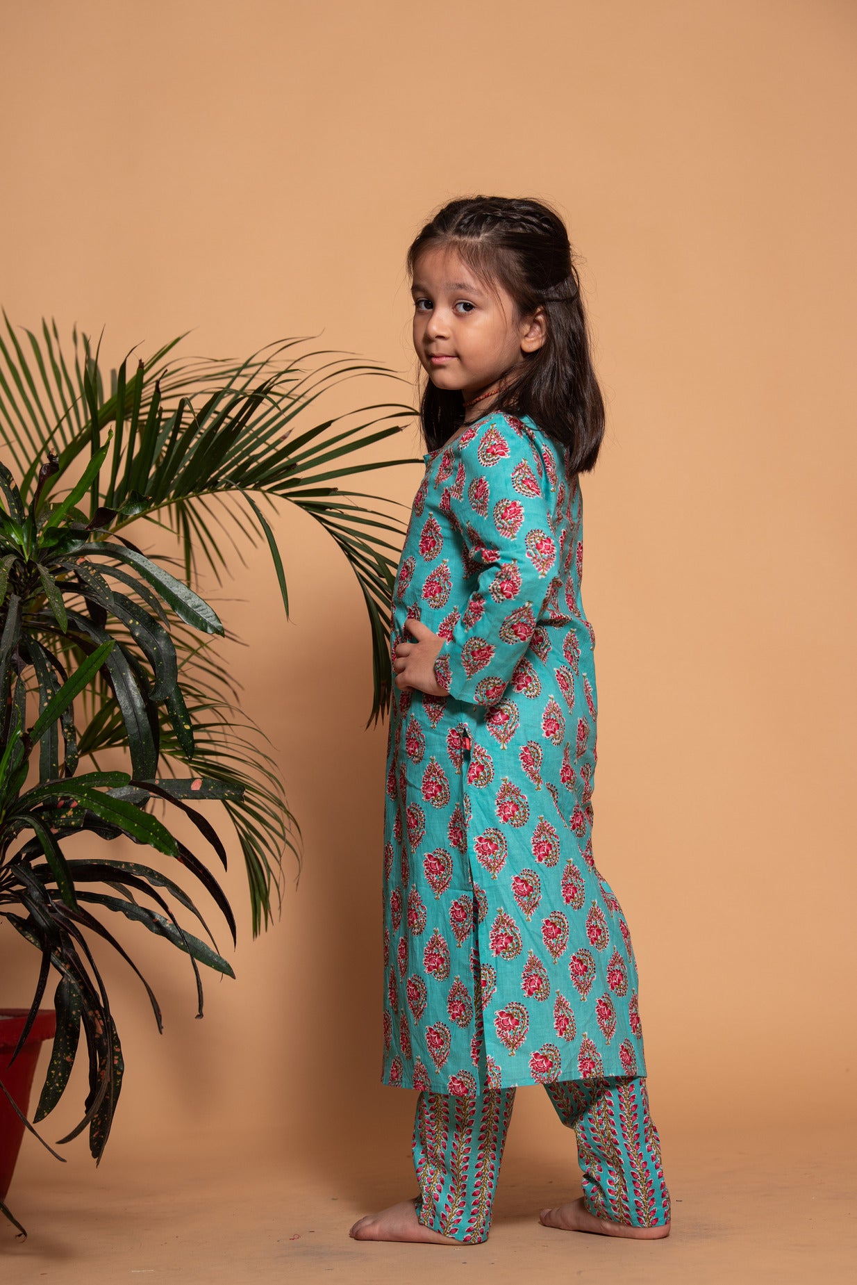 Green with Red Floral Printed Cotton Girl's Kurta Set