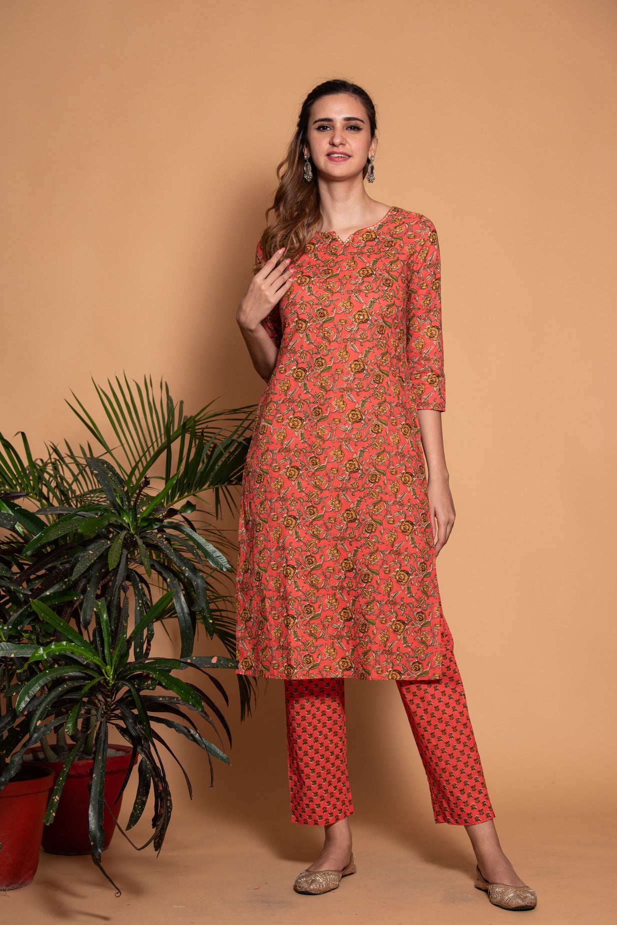 Coral with Yellow Floral Printed Cotton Kurti Set
