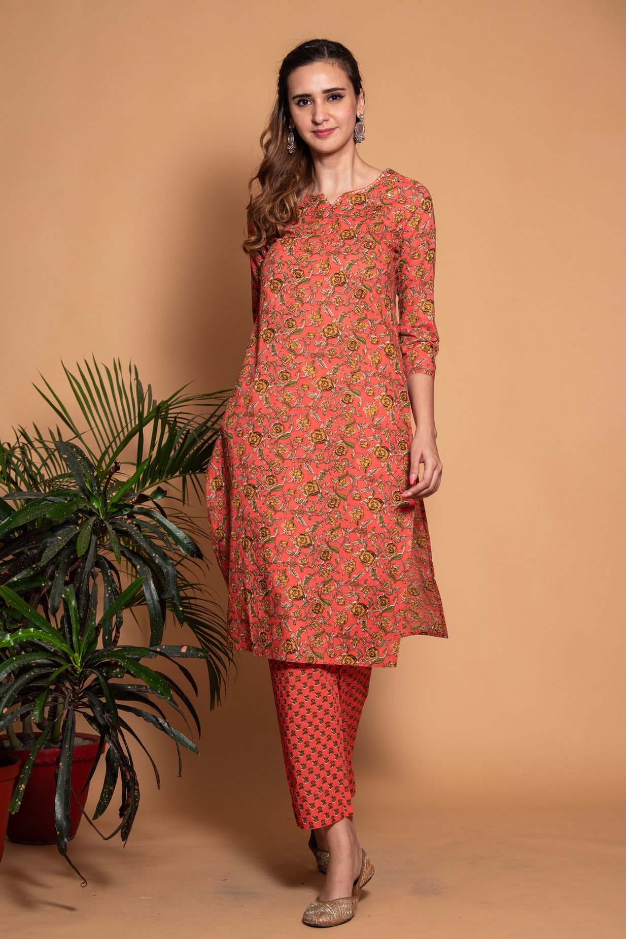 Coral with Yellow Floral Printed Cotton Kurta Set