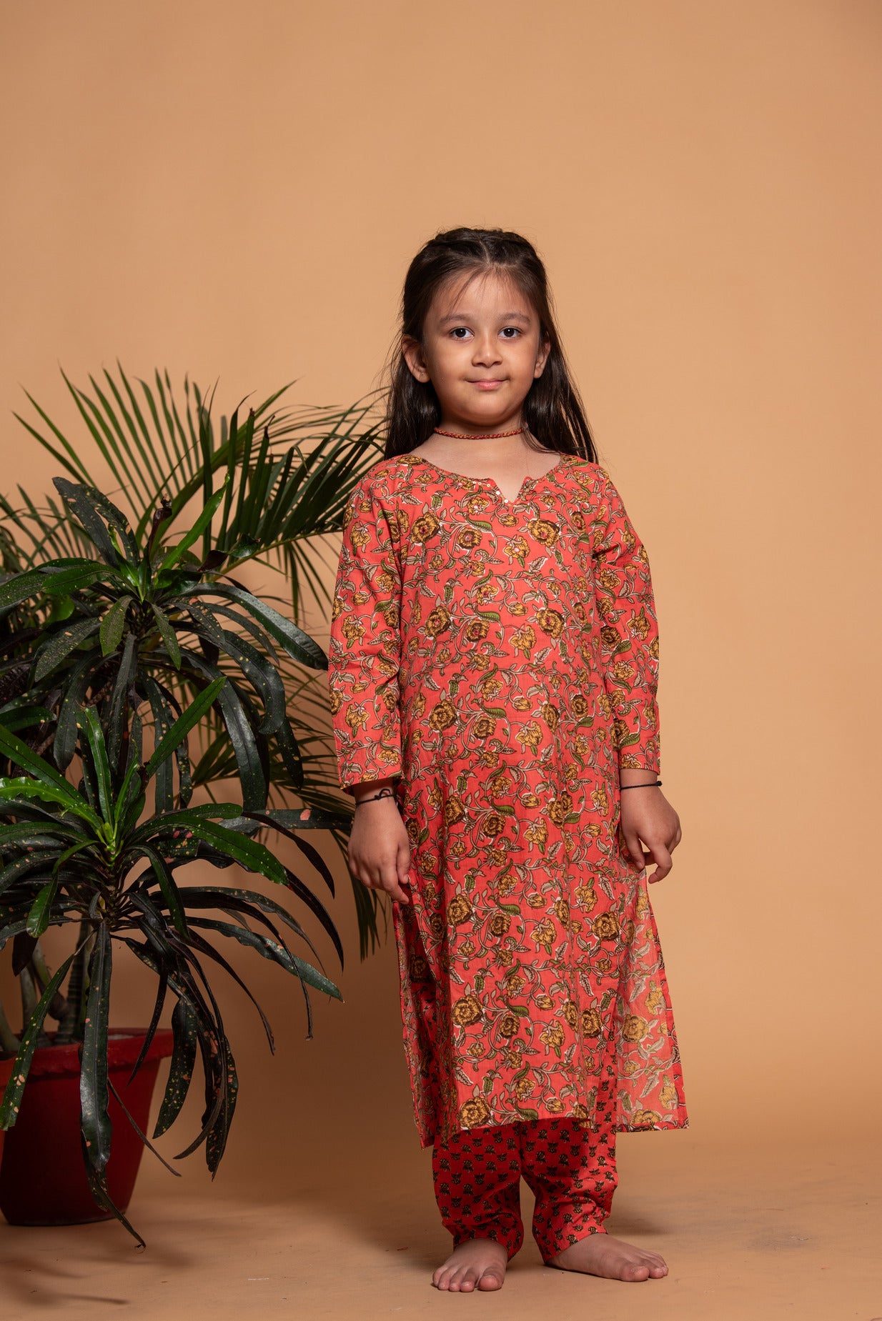 Coral with Yellow Floral Printed Cotton Kurti Set