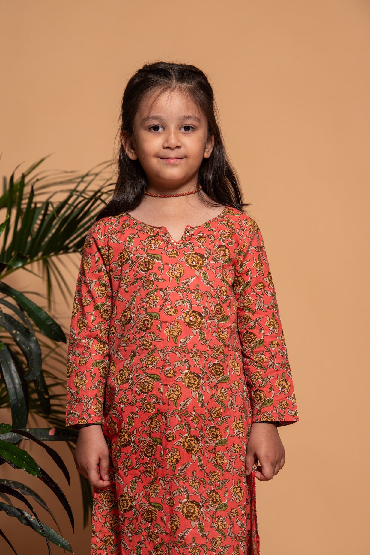 Coral with Yellow Floral Printed Cotton Kurti Set