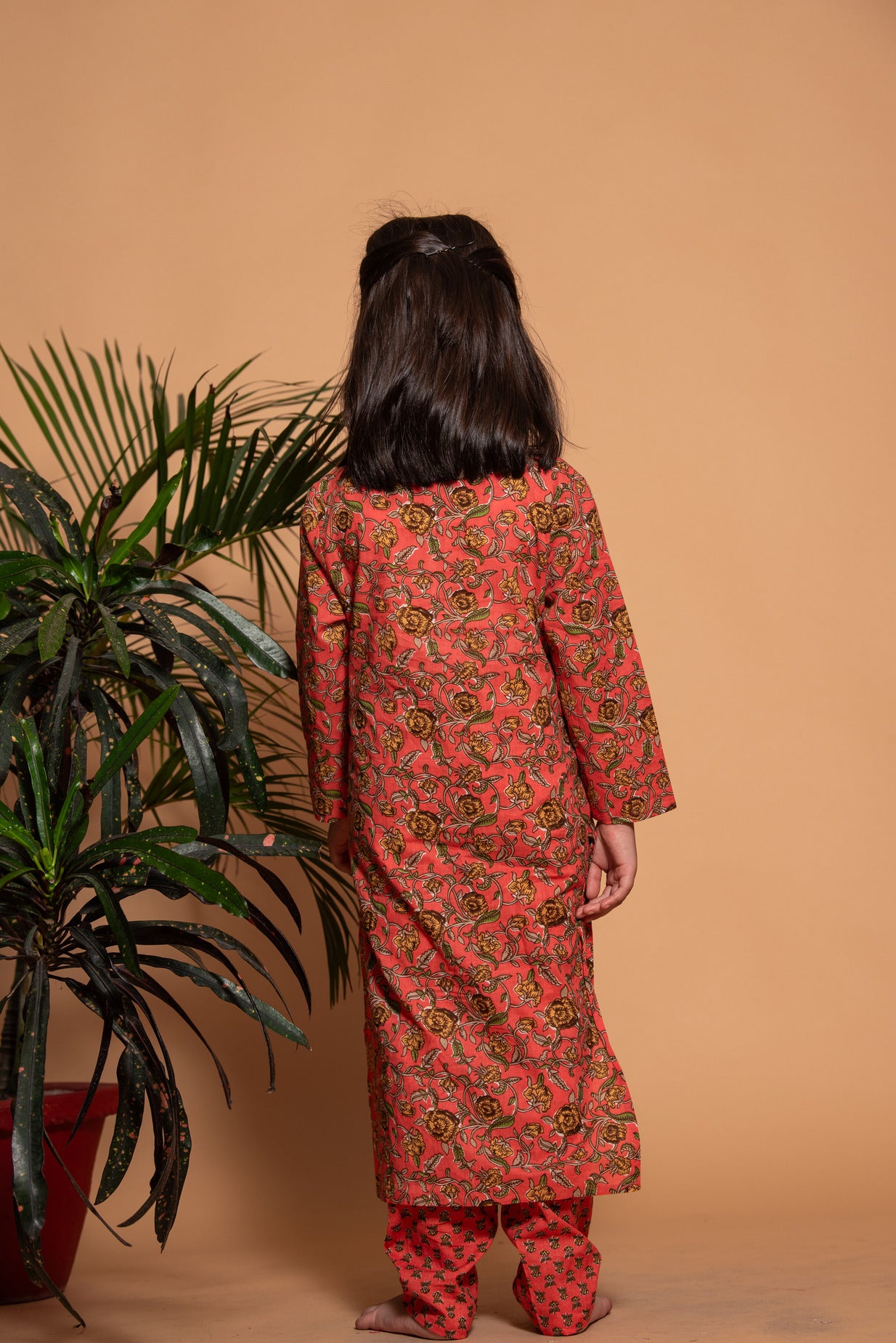 Coral with Yellow Floral Printed Cotton Kurti Set