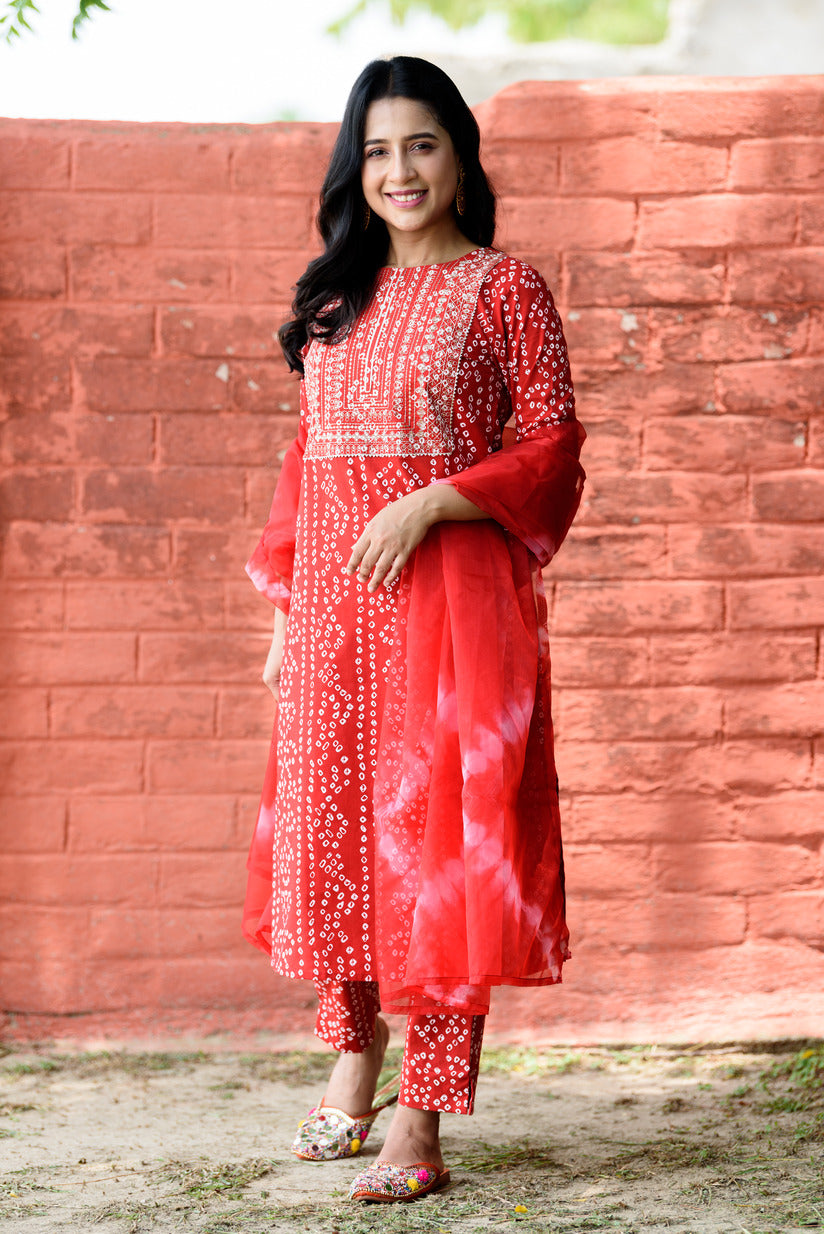 Red Bandhani Printed Embellished Cotton Suit Set