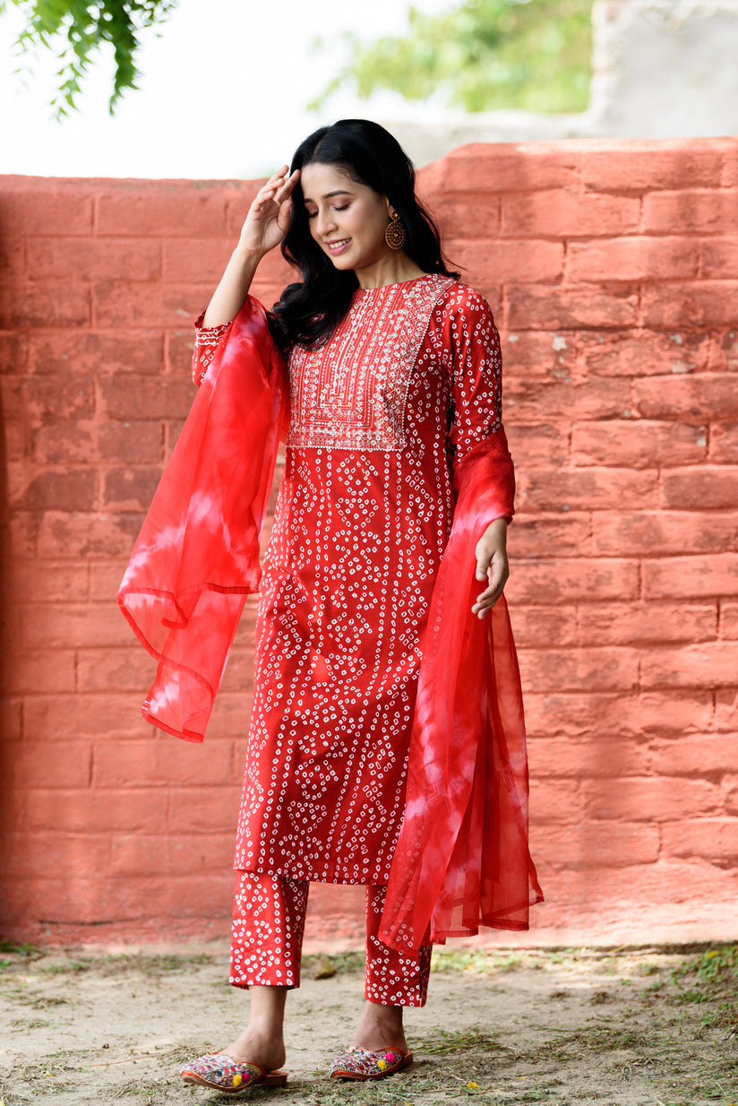 Red Bandhani Printed Embellished Cotton Suit Set