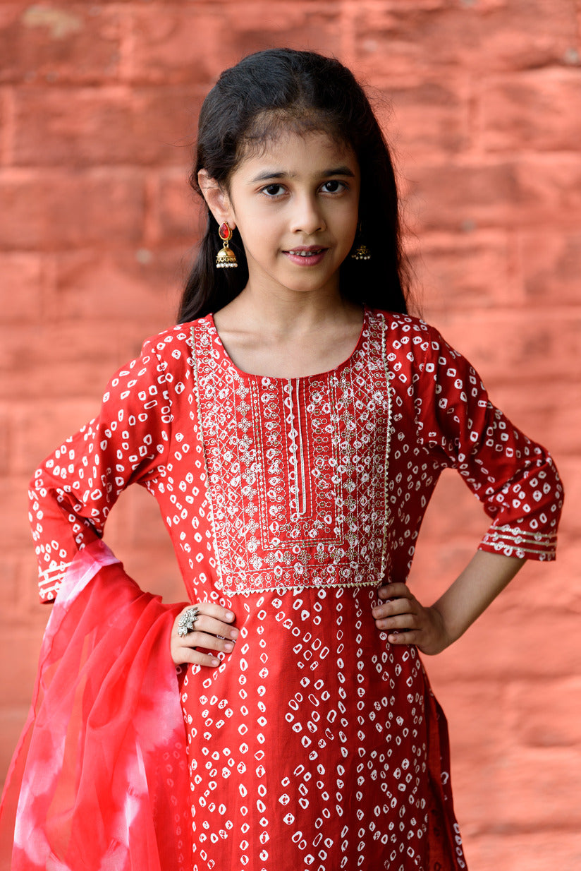 Red Bandhani Printed Embellished Cotton Girl's Suit Set