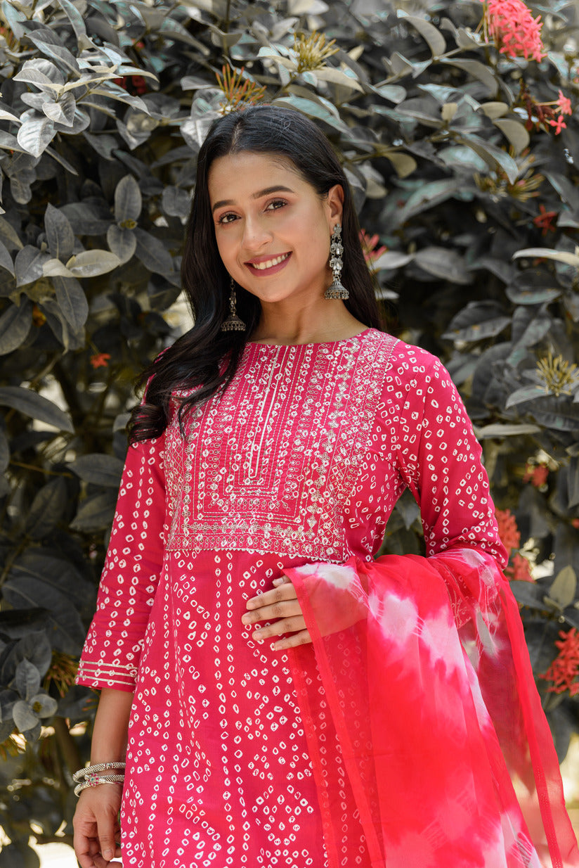 Dark Pink Bandhani Printed Embellished Cotton Suit Set