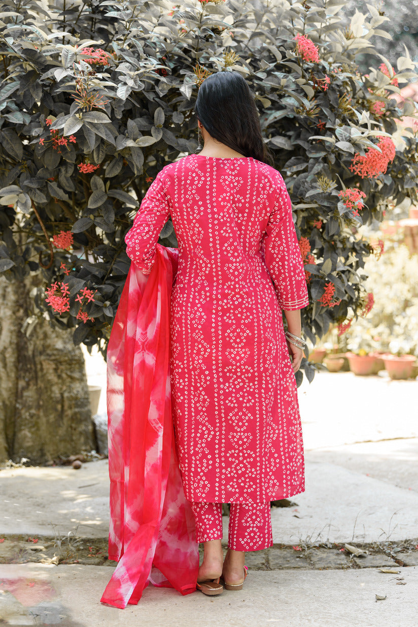 Dark Pink Bandhani Printed Embellished Cotton Suit Set