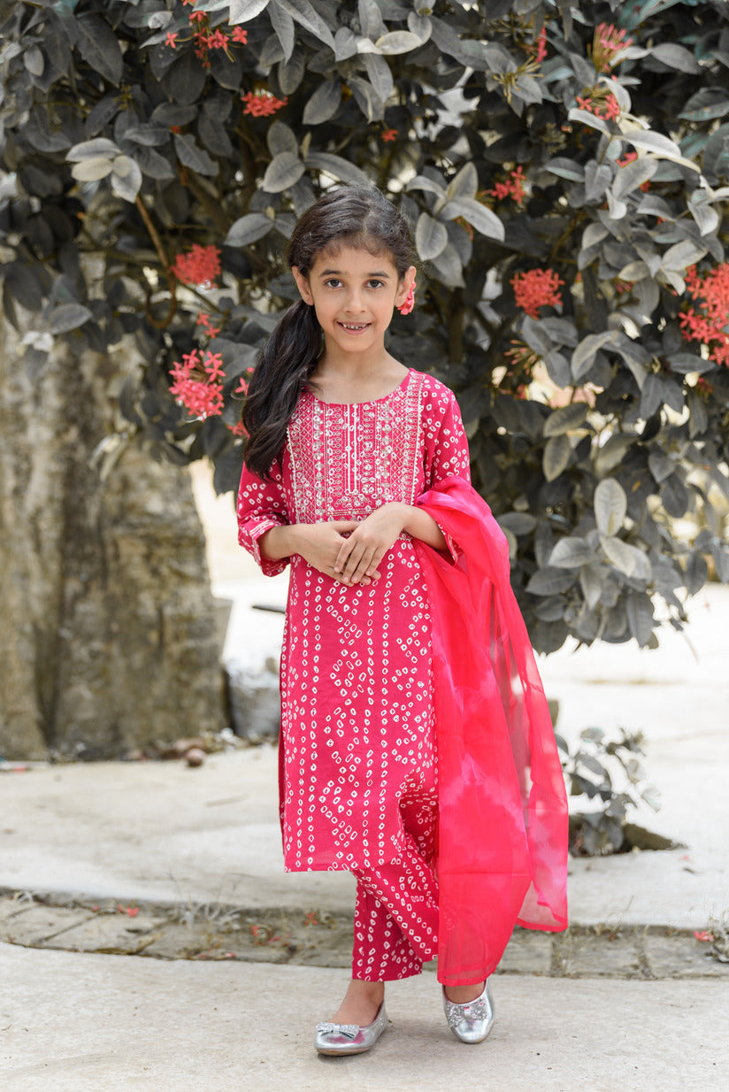 Dark Pink Bandhani Printed Embellished Cotton Girl's Suit Set