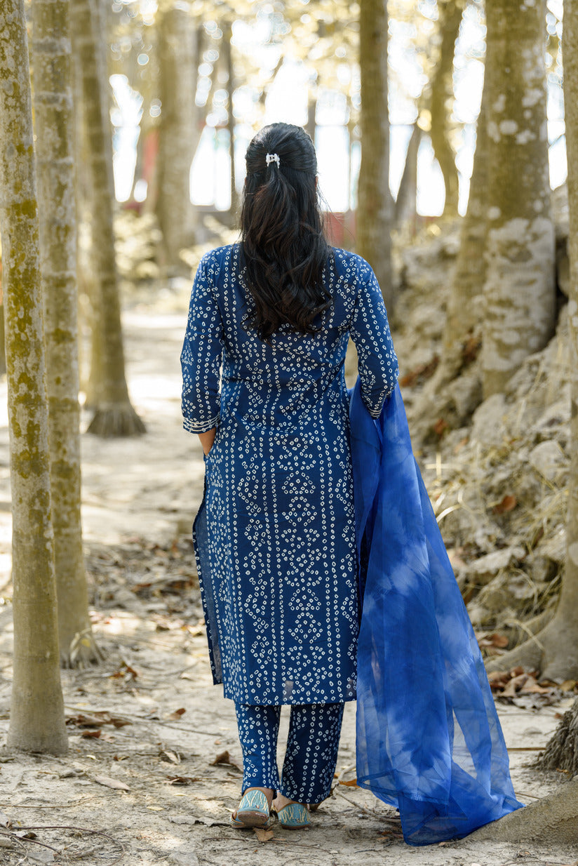 Blue Bandhani Printed Embellished Cotton Suit Set