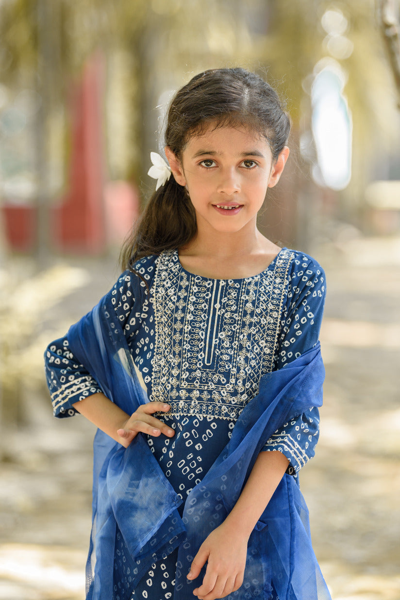 Blue Bandhani Printed Embellished Cotton Girl's Suit Set