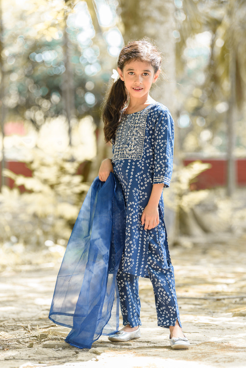 Blue Bandhani Printed Embellished Cotton Girl's Suit Set