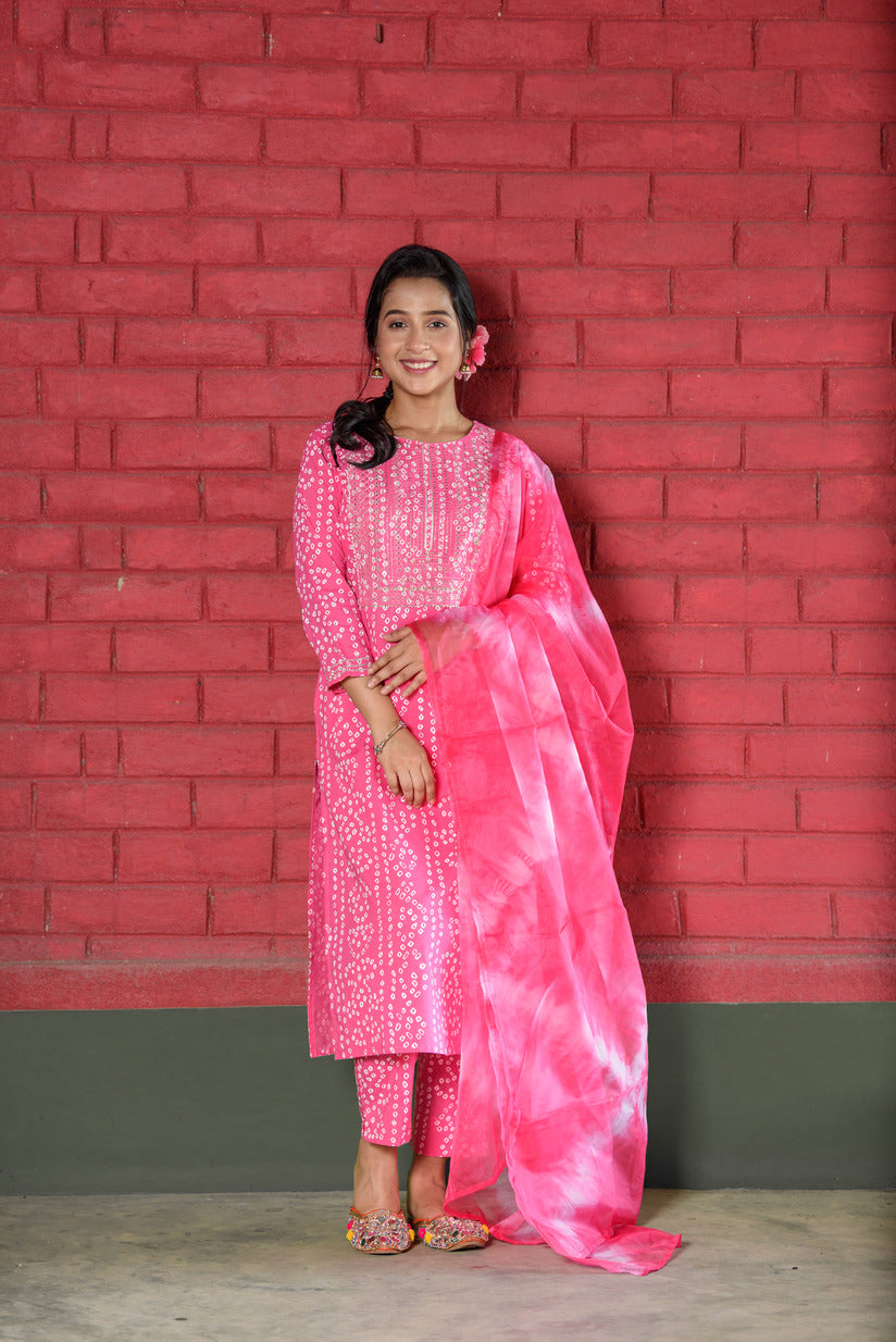 Light Pink Bandhani Printed Embellished Cotton Suit Set