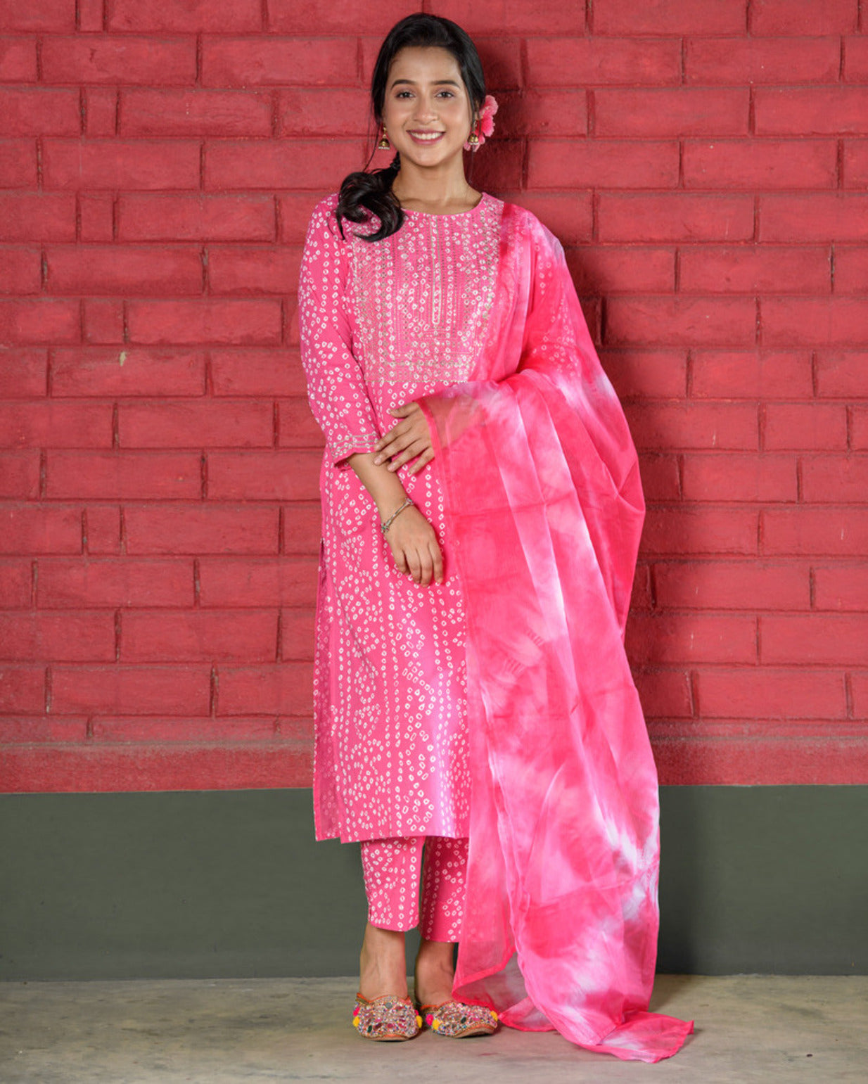 Light Pink Bandhani Printed Embellished Cotton Suit Set