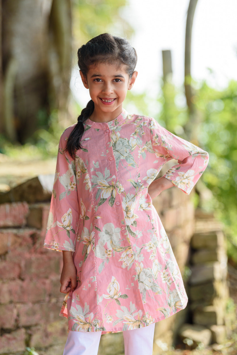 Pastel Pink Floral Printed Simple Cotton Kurti