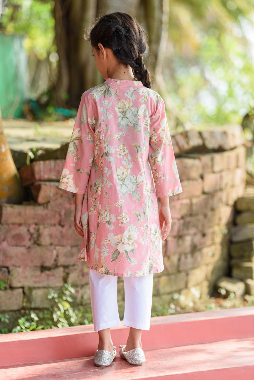 Pastel Pink Floral Printed Simple Cotton Girl's Kurta