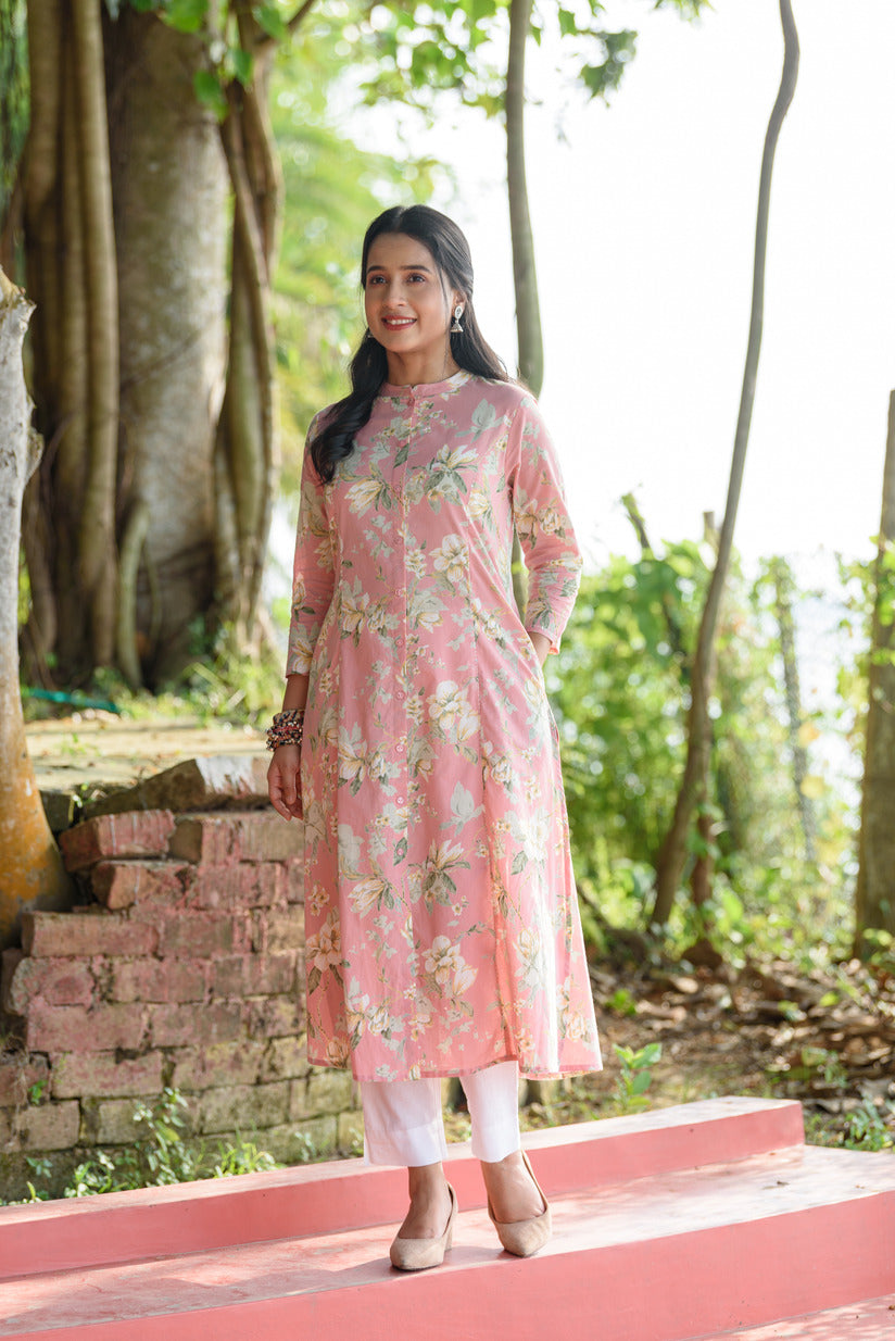 Pastel Pink Floral Printed Simple Cotton Kurti