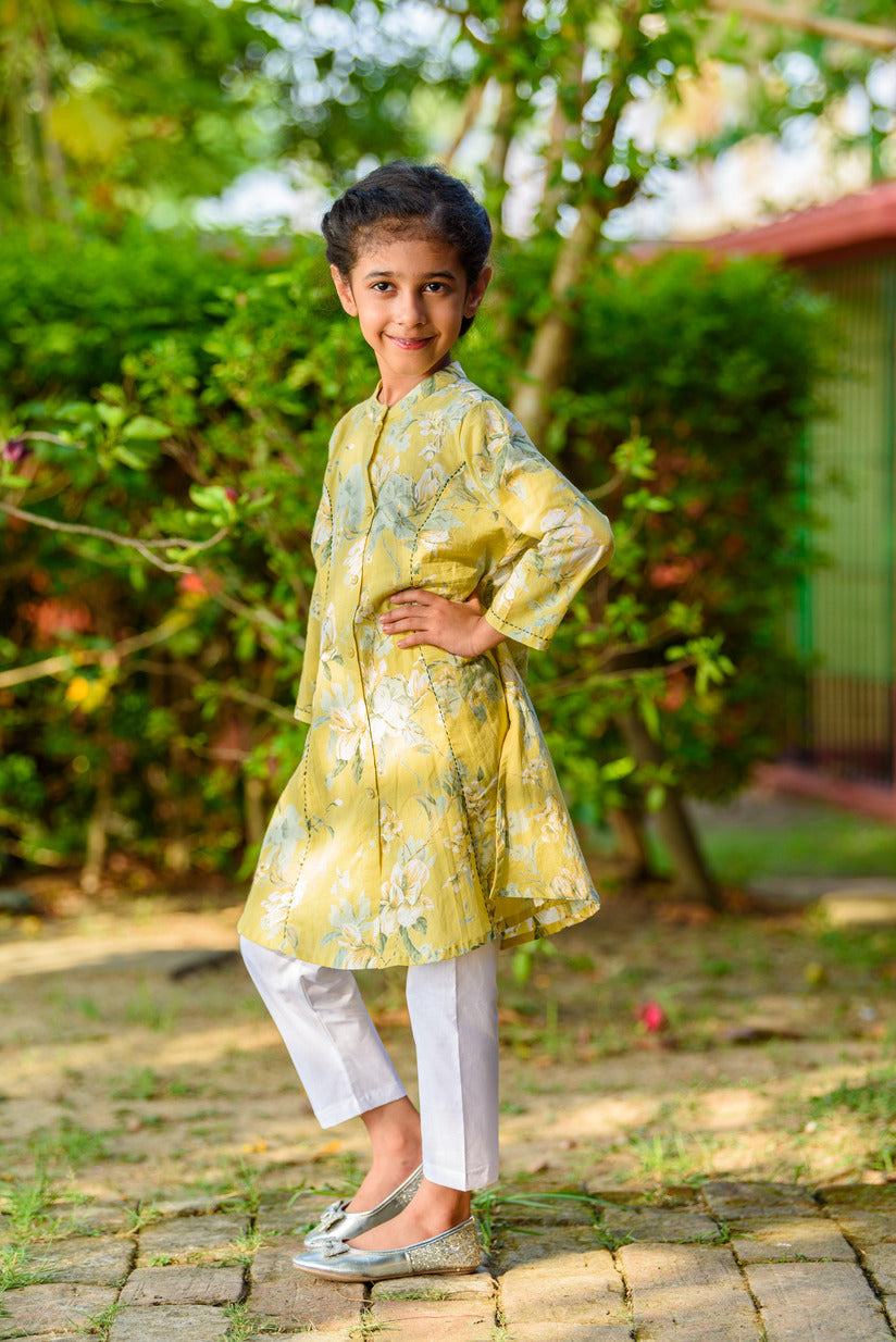 Indian Women Yellow Floral Printed A-Line Kurta Kurti Dress Top Tunic  Pakistani - Helia Beer Co