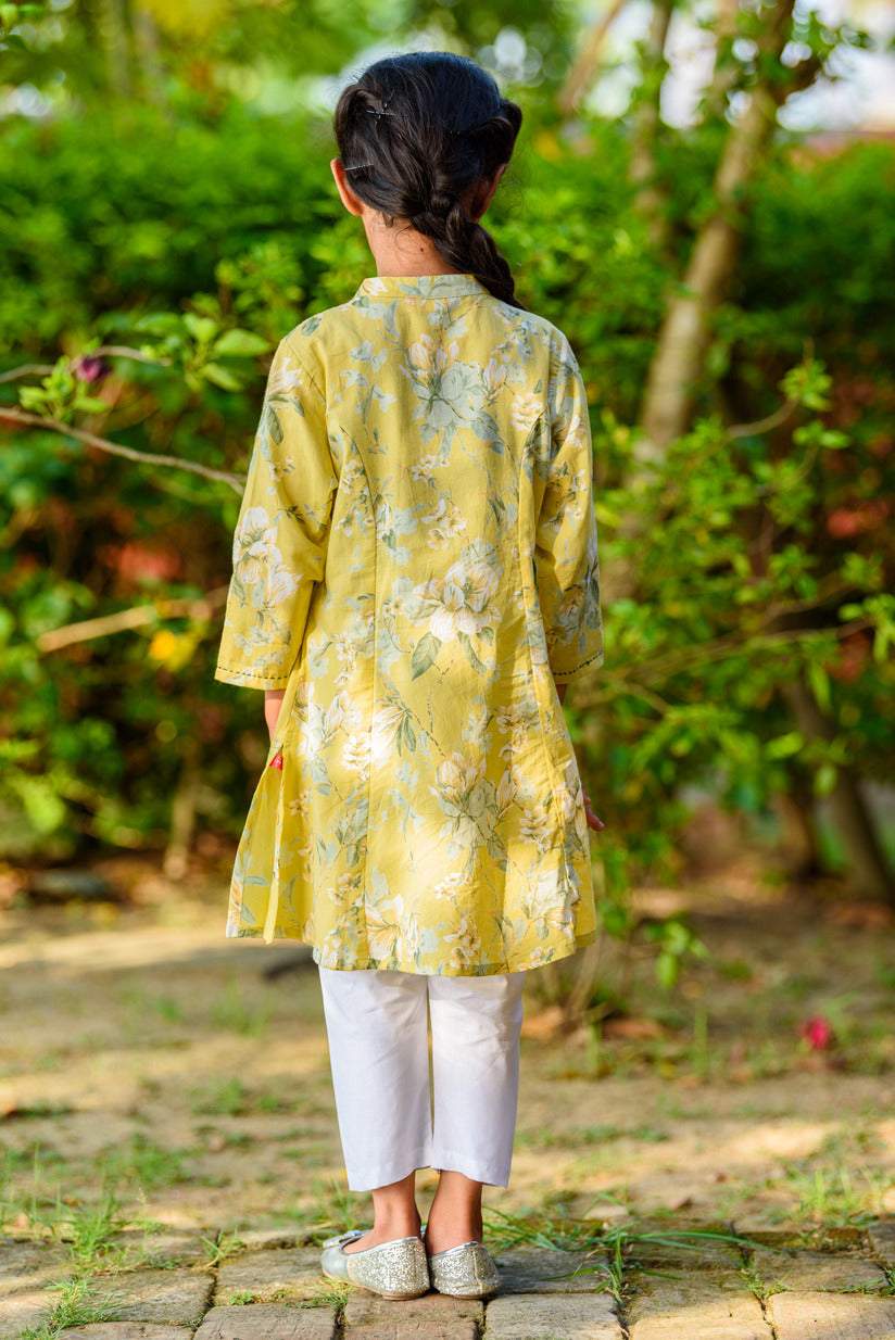 Pastel Yellow Floral Printed Simple Cotton Girl's Kurti
