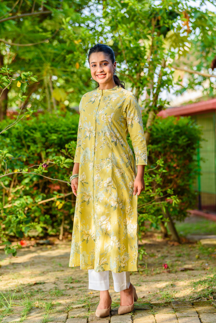 Shop Yellow Cotton Floral Patch and Mirror Work Designer Kurti for Casual  Online : 278960 -