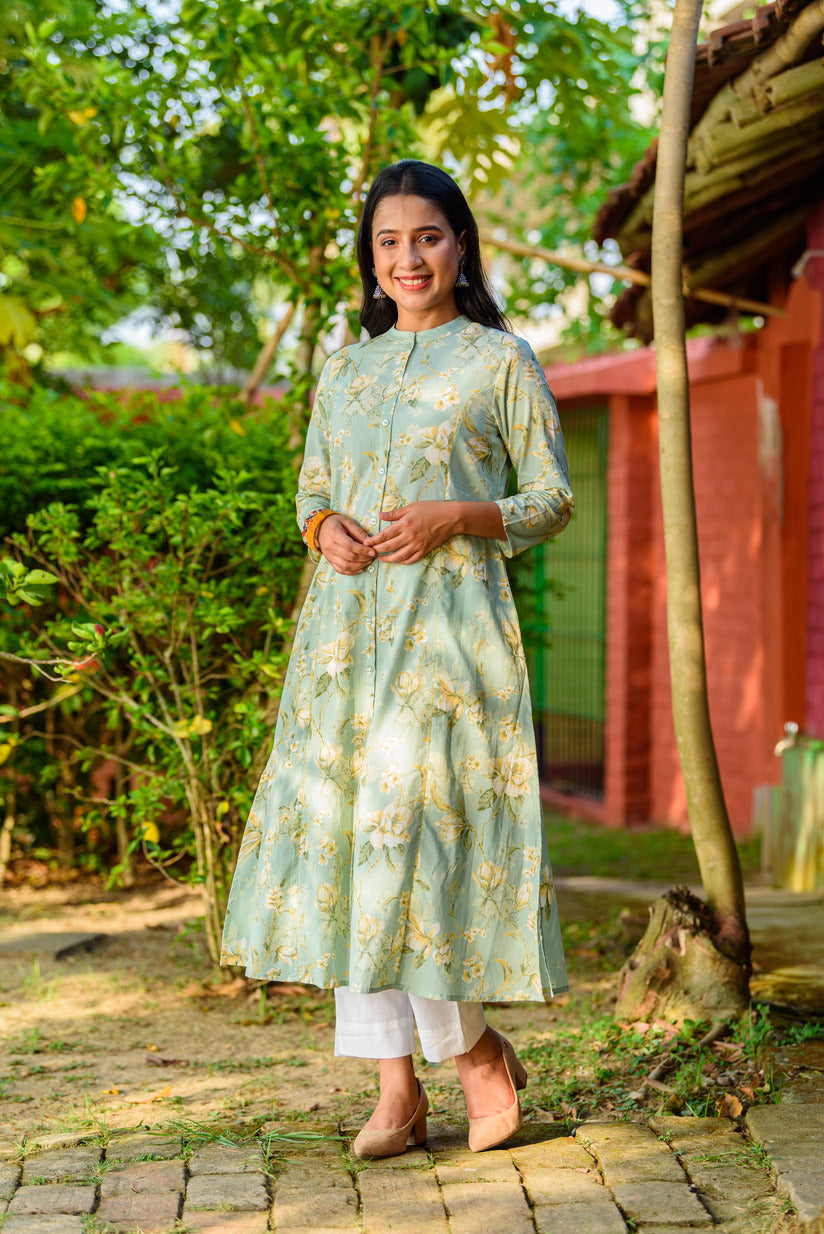 Pastel Green Floral Printed Simple Cotton Kurti – Gatim Fashions