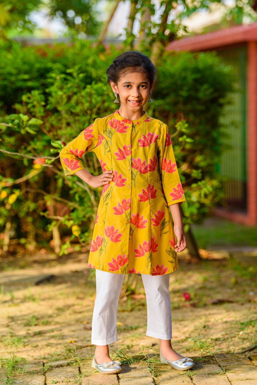 Lemon Yellow Floral Printed Cotton Kurti