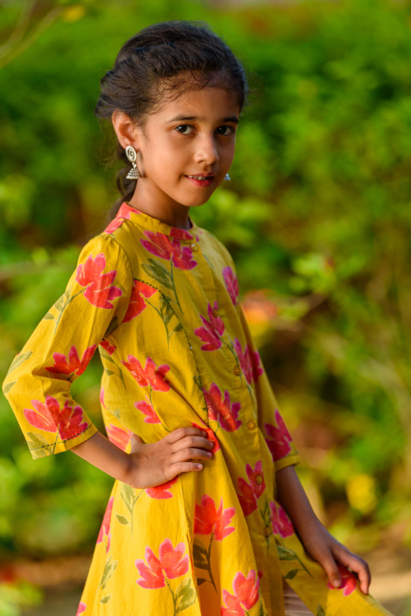 Lemon Yellow Floral Printed Cotton Kurti