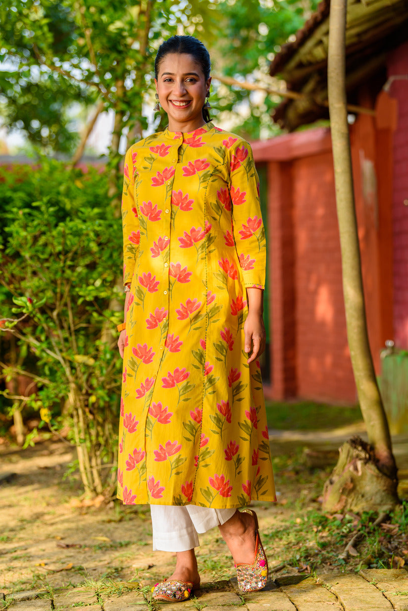 Lemon Yellow Floral Printed Cotton Kurta
