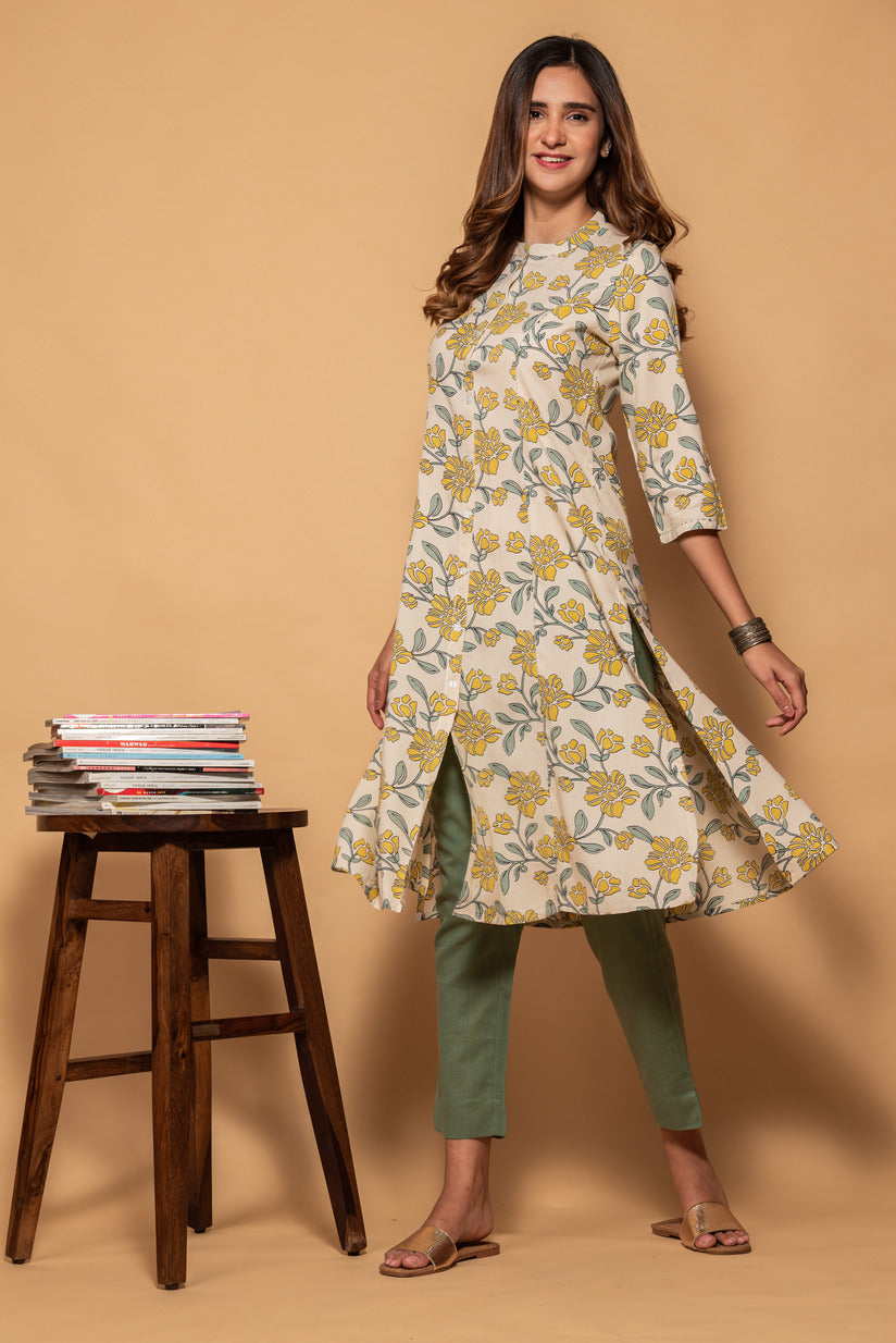 White with Yellow Floral printed Cotton Kurta
