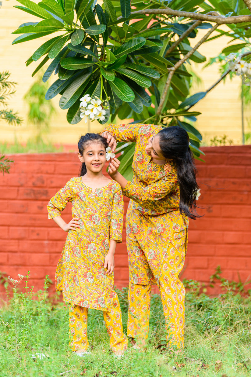 Golden Yellow with Mirror Work Floral Printed Cotton Kurta Set