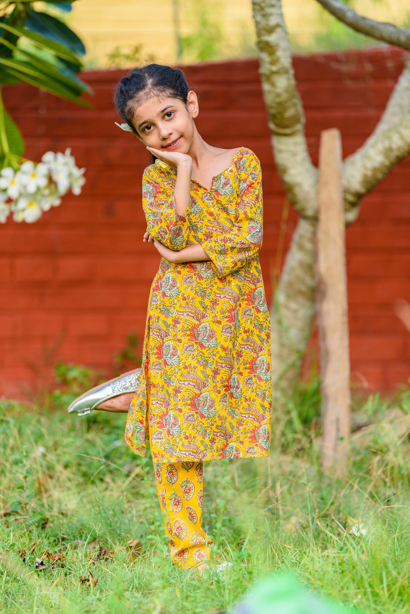 Golden Yellow with Mirror Work Floral Printed Cotton Girl's Kurti Set
