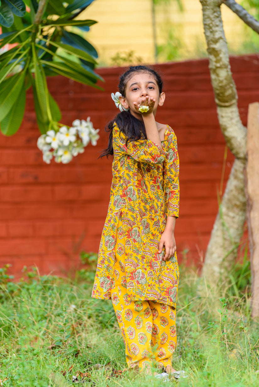 Golden Yellow with Mirror Work Floral Printed Cotton Girl's Kurti Set
