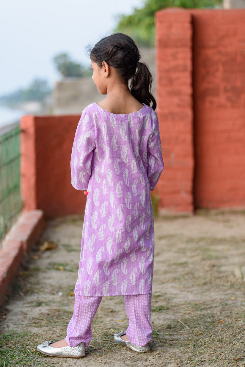 White and Purple with Mirror work Printed Cotton Kurta Set