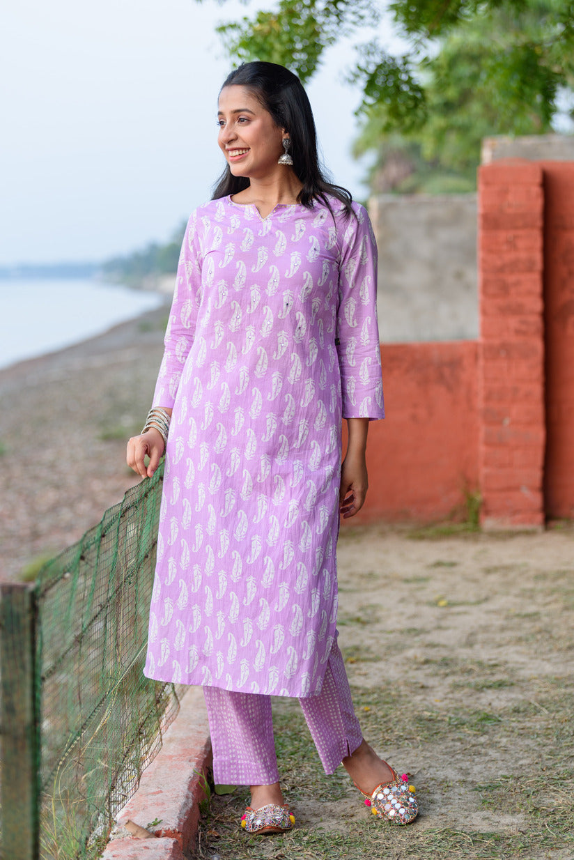 White and Purple with Mirror work Printed Cotton Kurta Set