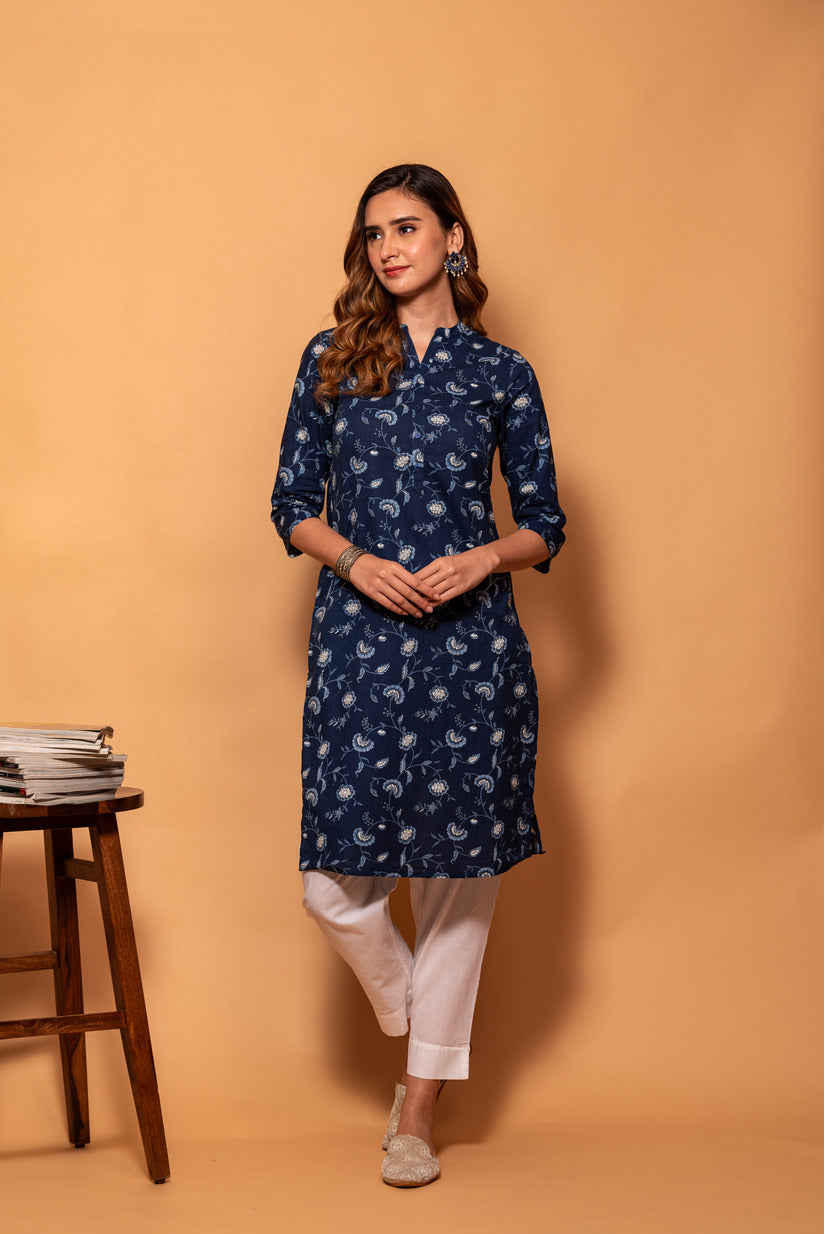 Dark Blue with White Small Floral Printed Simple Cotton Kurti