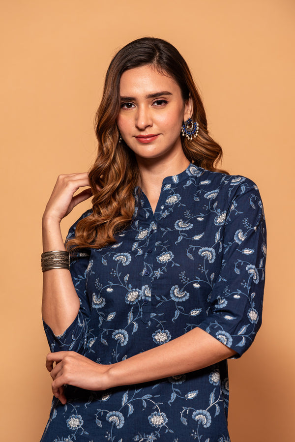 Dark Blue with White Small Floral Printed Simple Cotton Kurti