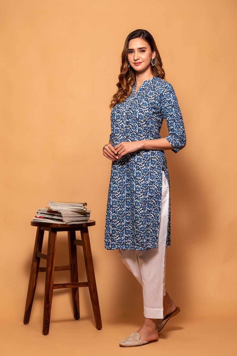 White with Blue Floral printed Simple Cotton Kurti