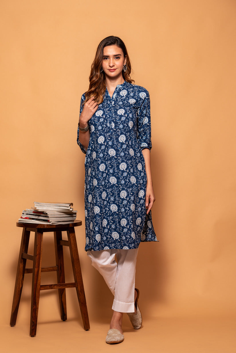 Blue with White Floral Printed Simple Cotton Kurti