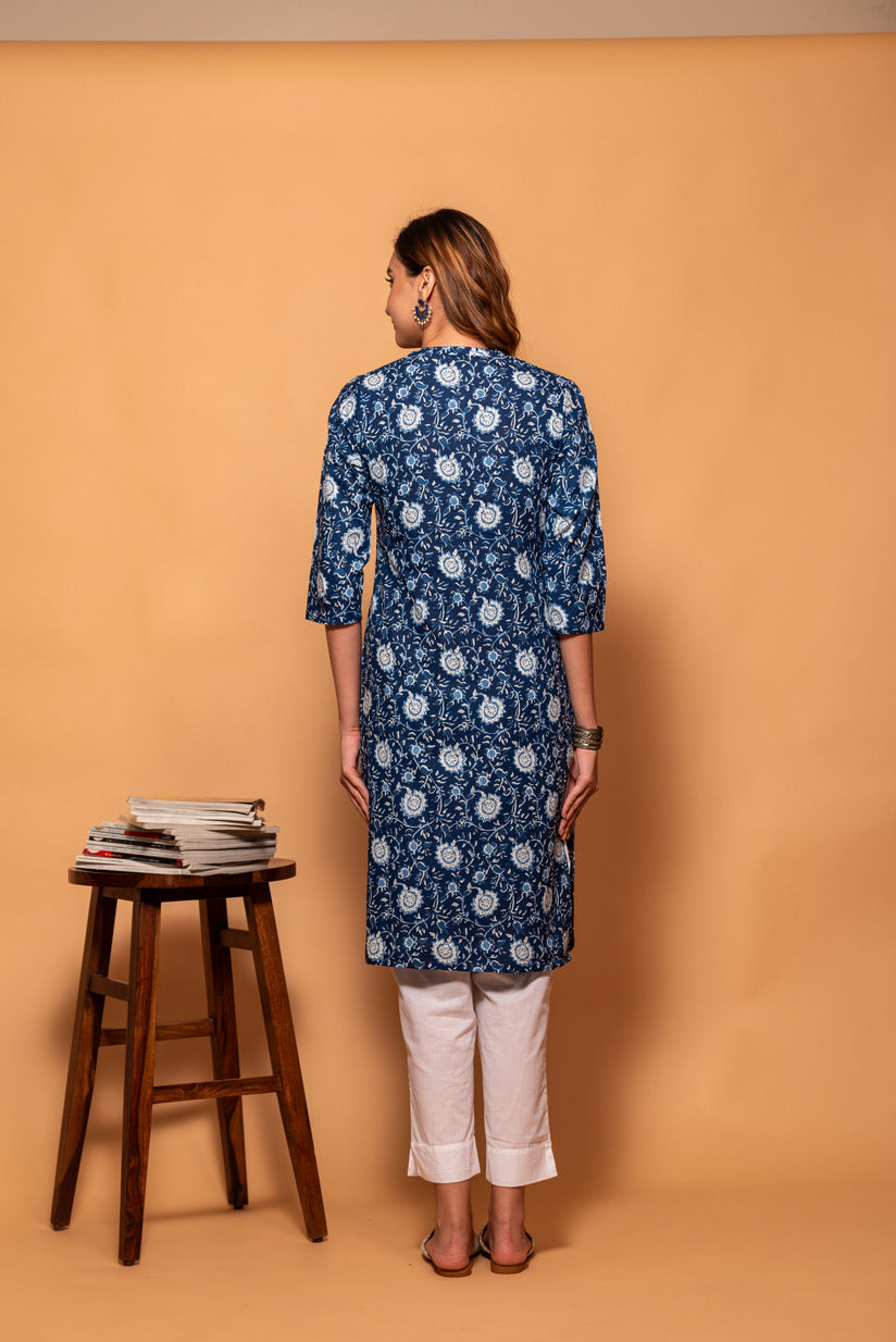 Blue with White Floral Printed Simple Cotton Kurti