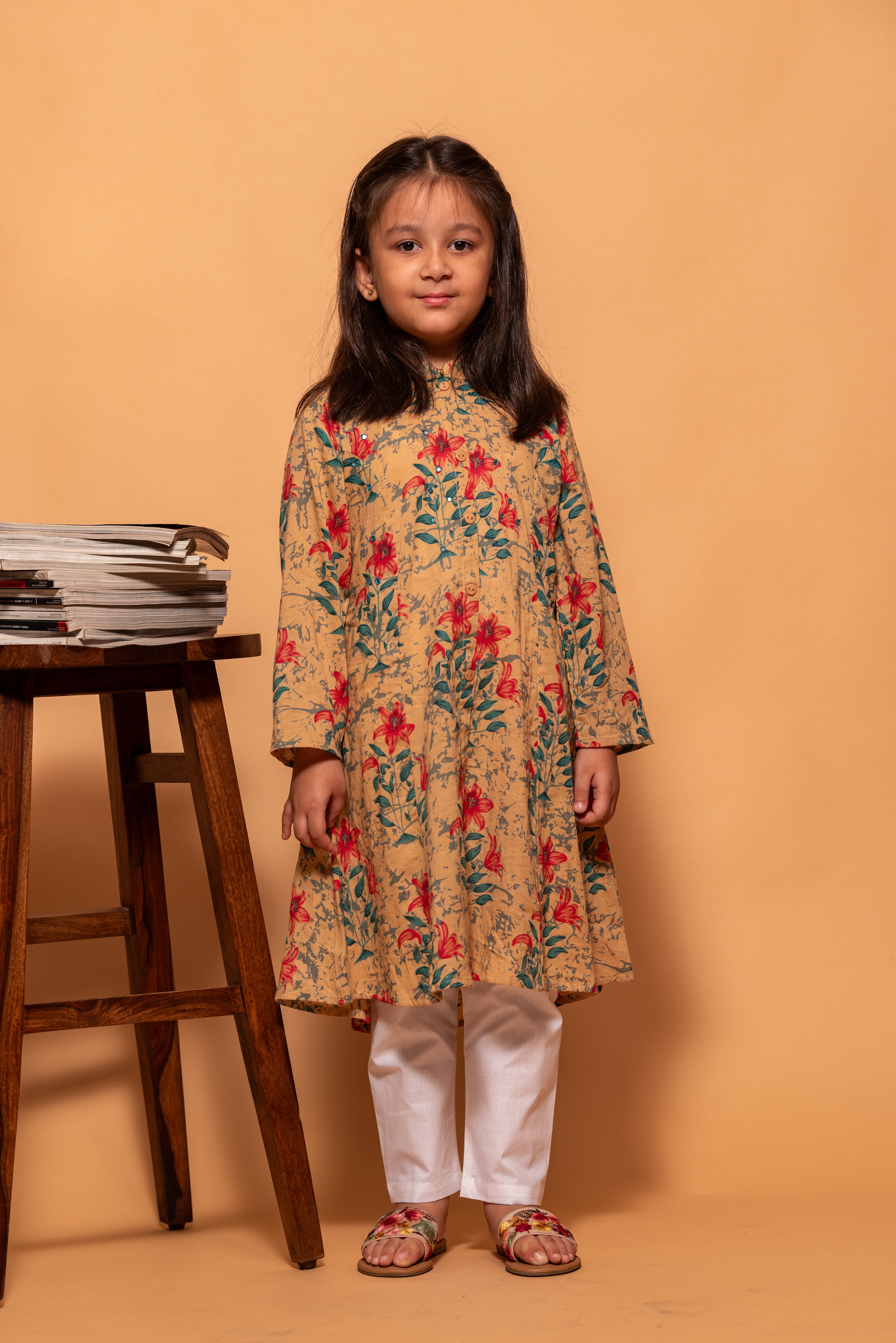 Light Brown with Red Floral printed Simple Cotton Kurti