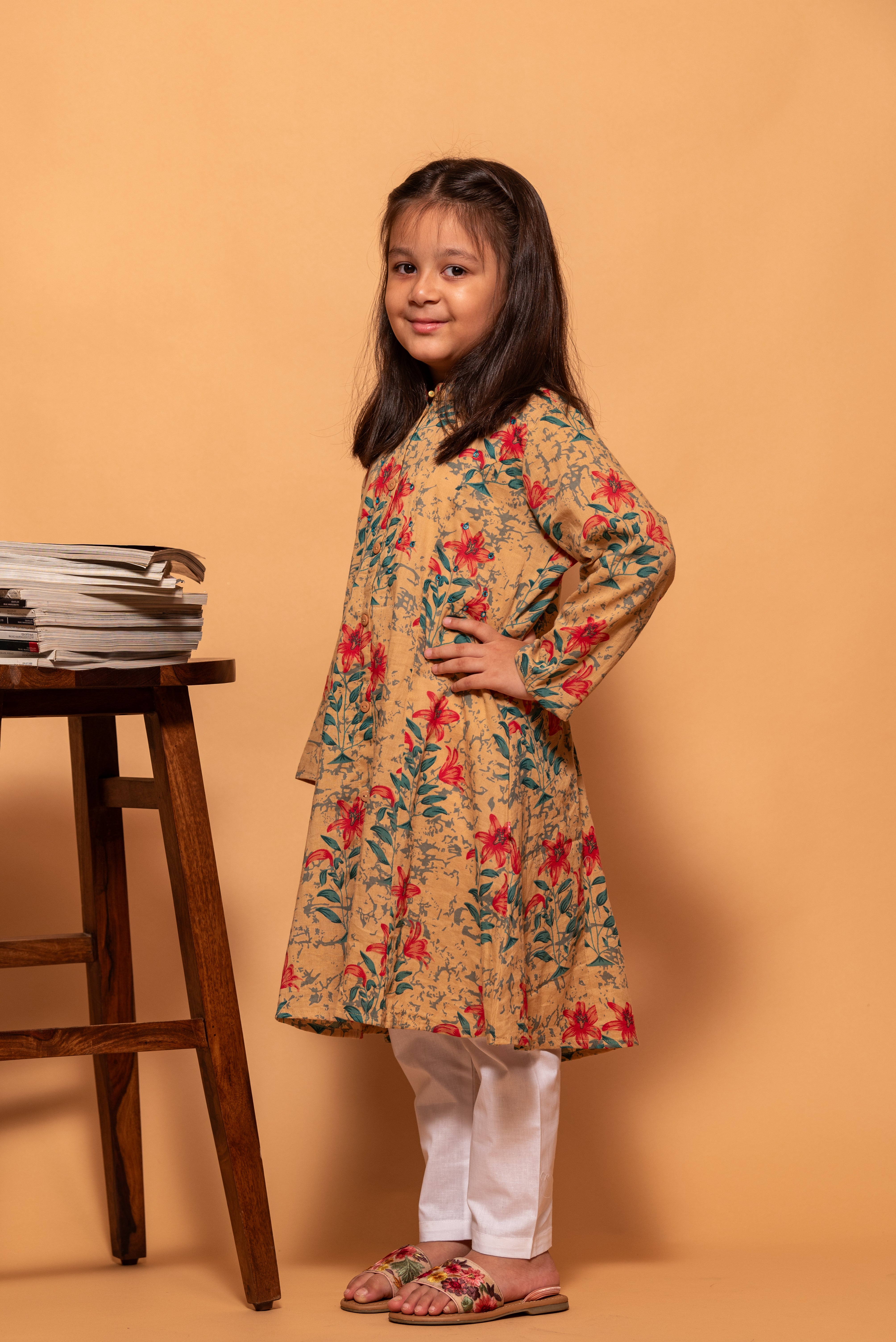 Light Brown with Red Floral printed Simple Cotton Kurti
