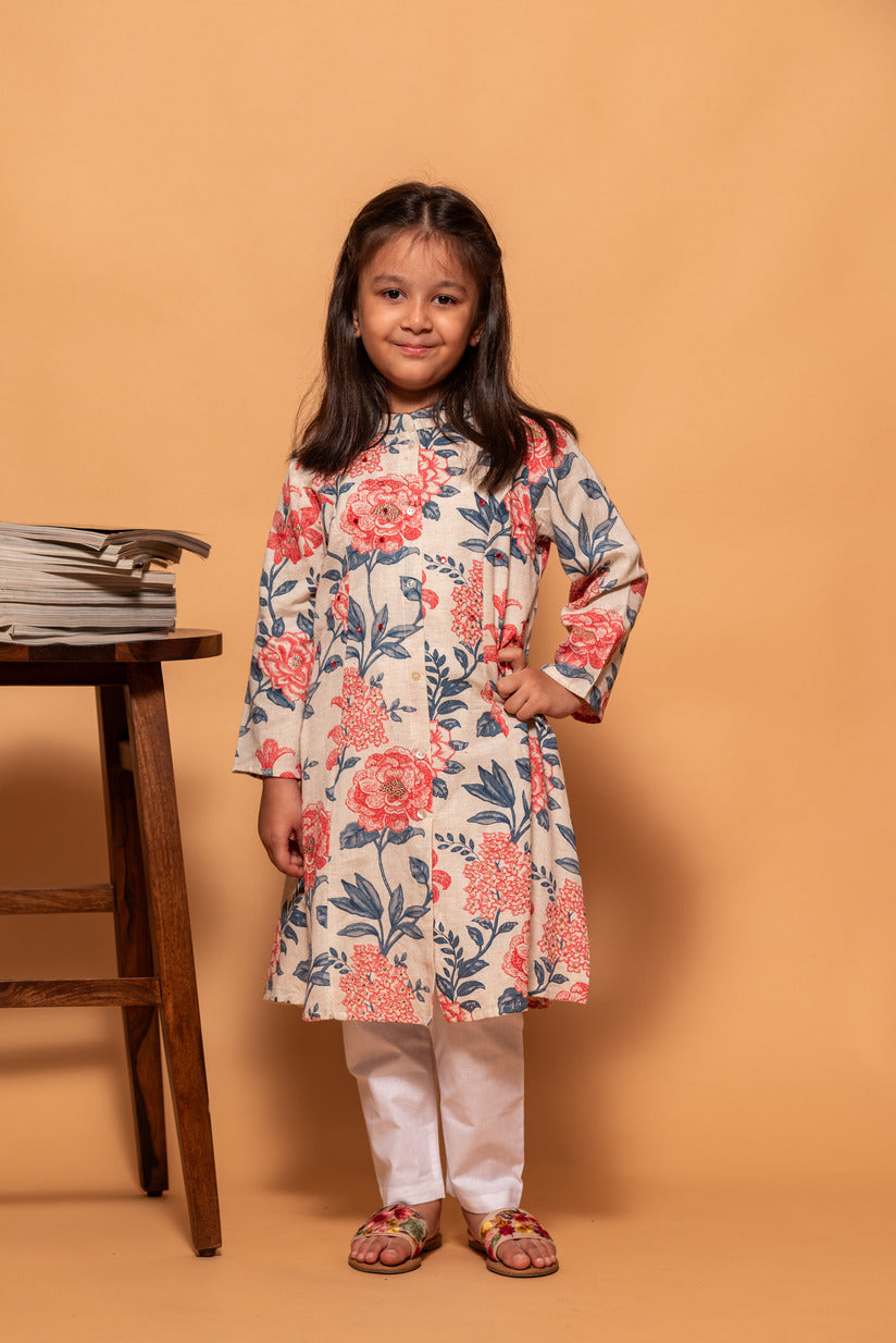 Off-White with Pink Floral Printed Cotton Girl's Kurti