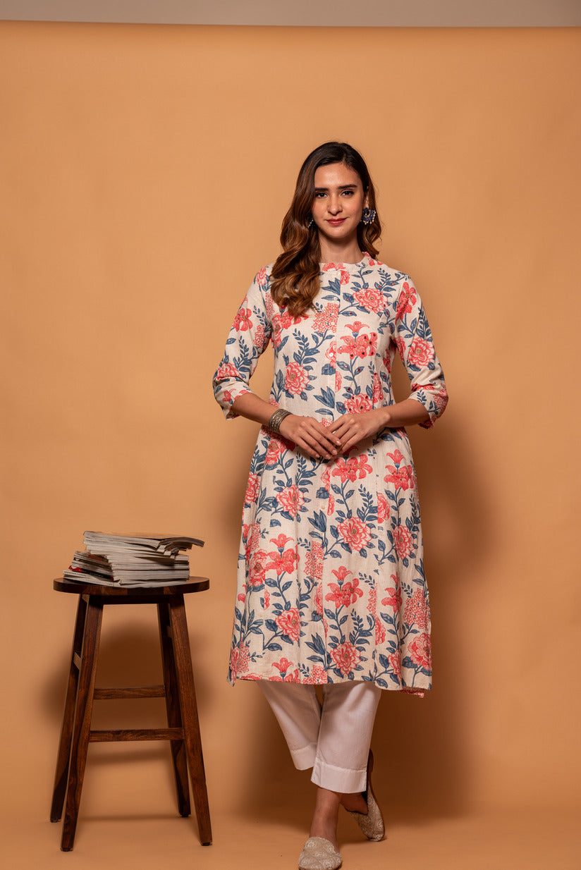 Off-White with Pink Floral Printed Cotton Kurti