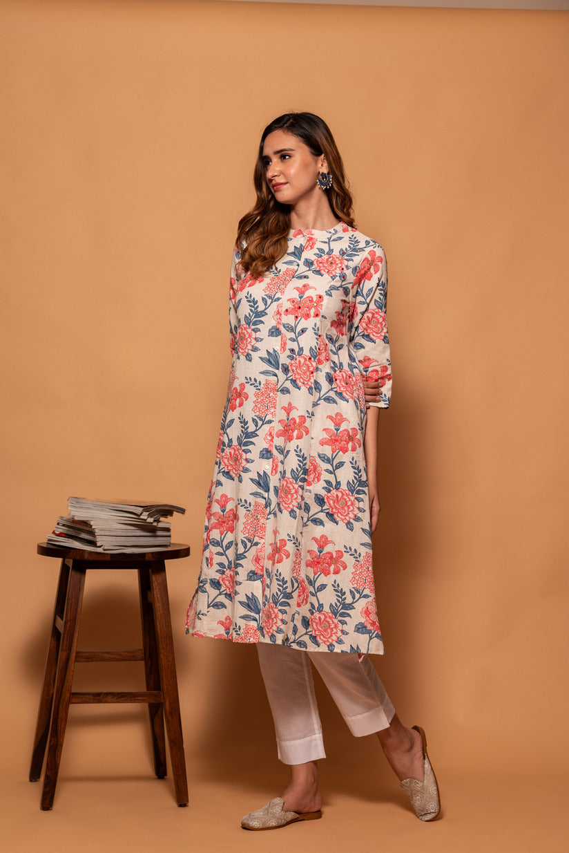 Off-White with Pink Floral Printed Cotton Kurti